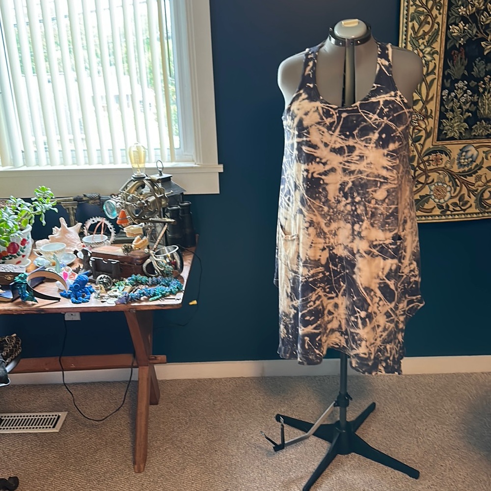 LOGO 1x OOAK Dress in Navy and Cream with Fairy Hem and Two Front Pockets.